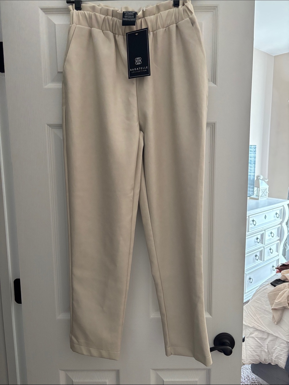 NWT FAUX LEATHER bagatelle Neutral Cream Elastic Waist Trousers